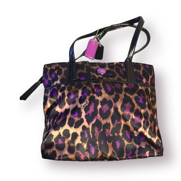 Coach H1394-F25282 Game‎ Ocerot Print Purple Tote Pink Bag - Picture 1 of 5